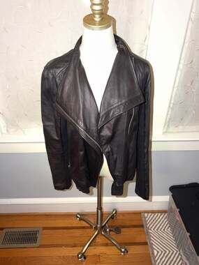 Trouvé Women's Black Leather Asymmetric Draped Moto Jacket with Ribbed Knit Pane